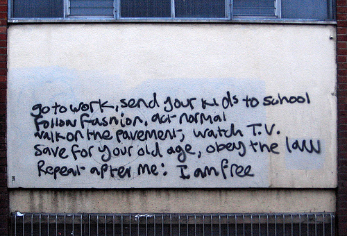 Go to work, send your kids to school, follow fashion, act normal, walk on the pavement, watch T.V., save for your old age, obey the law. Repeat after me: I am free
